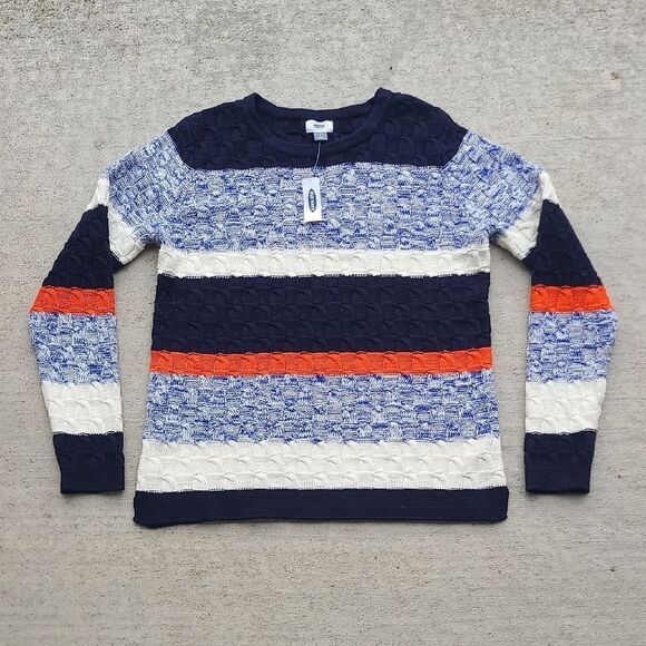 Old Navy Sweaters - Old Navy NWT Blue Orange Cream Striped Crewneck Cable Knit Sweater Colorblock L